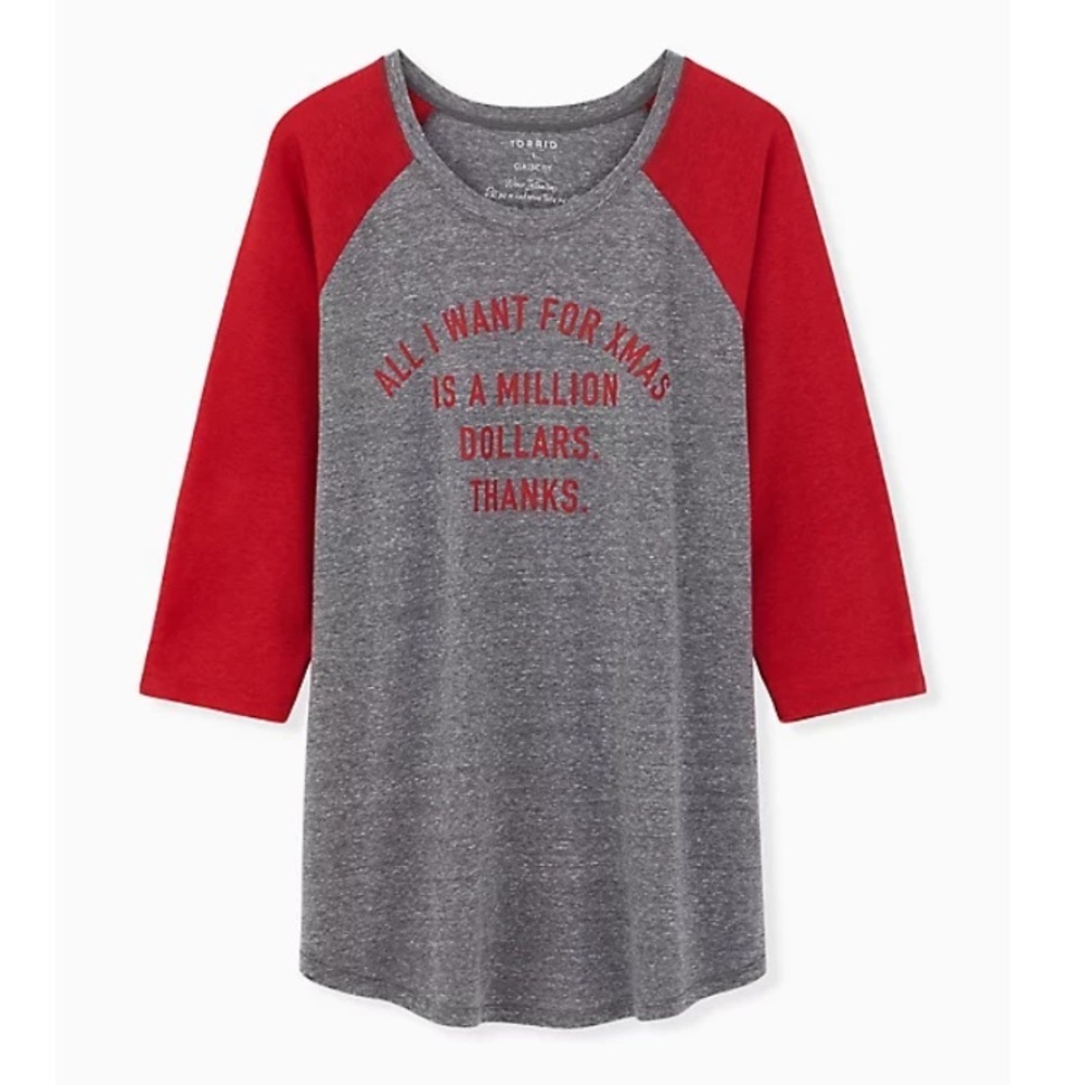 TORRID NWT ALL I WANT FOR X-MAS RED & HEATHERED GREY TRIBLEND RAGLAN TEE